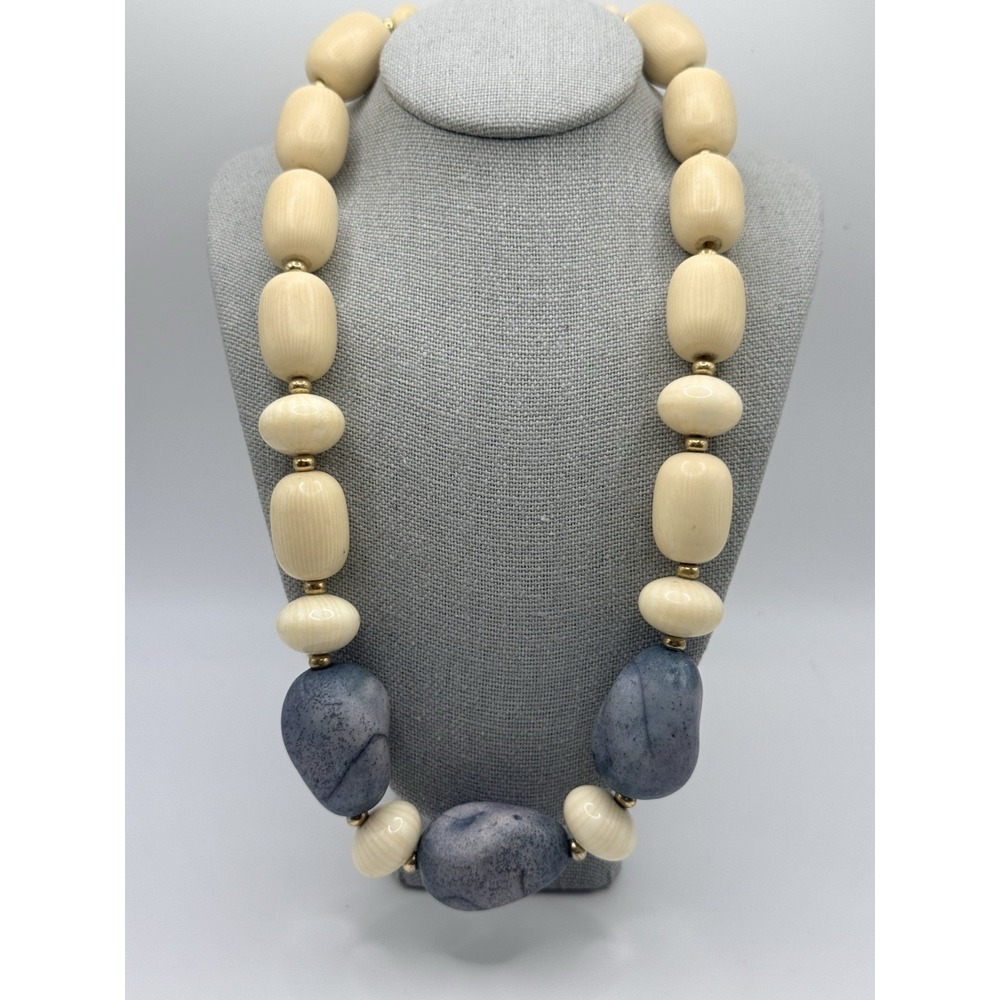 Vintage Napier Necklace Chunky Stone Bead Blue Beige Gold Tone 16"